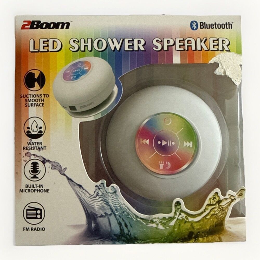 2Boom Bluetooth LED Shower Speaker White Water Resistant FM Radio Microphone